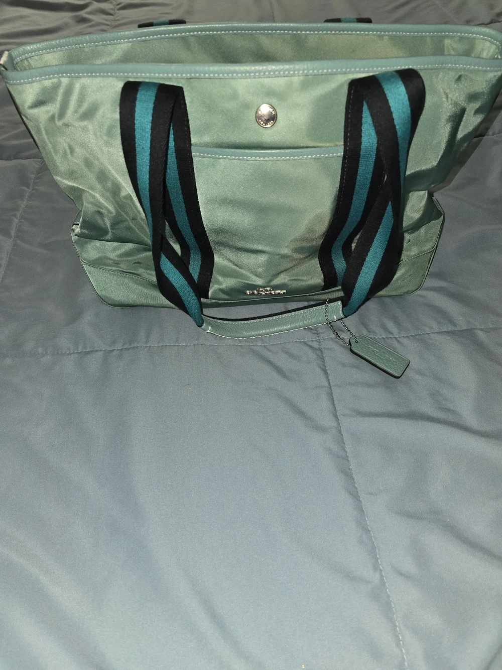 Coach Mint Green Tote with Black and Teal Striped Handles